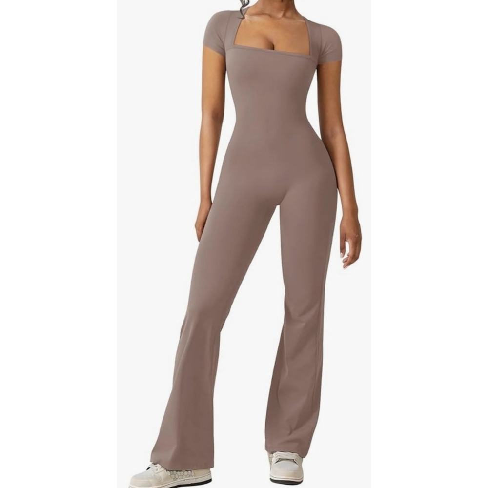 Reoria  Square Neck Flare Leg Bodycon Jumpsuit Taupe Size M